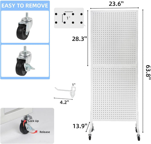 2'x 5' Standing Pegboard Display with T-Base, Pegboard Display Stand with Wheels, Metal Peg Board Display Rack, Art Display Stand, Extra 10 Pieces Hooks - White