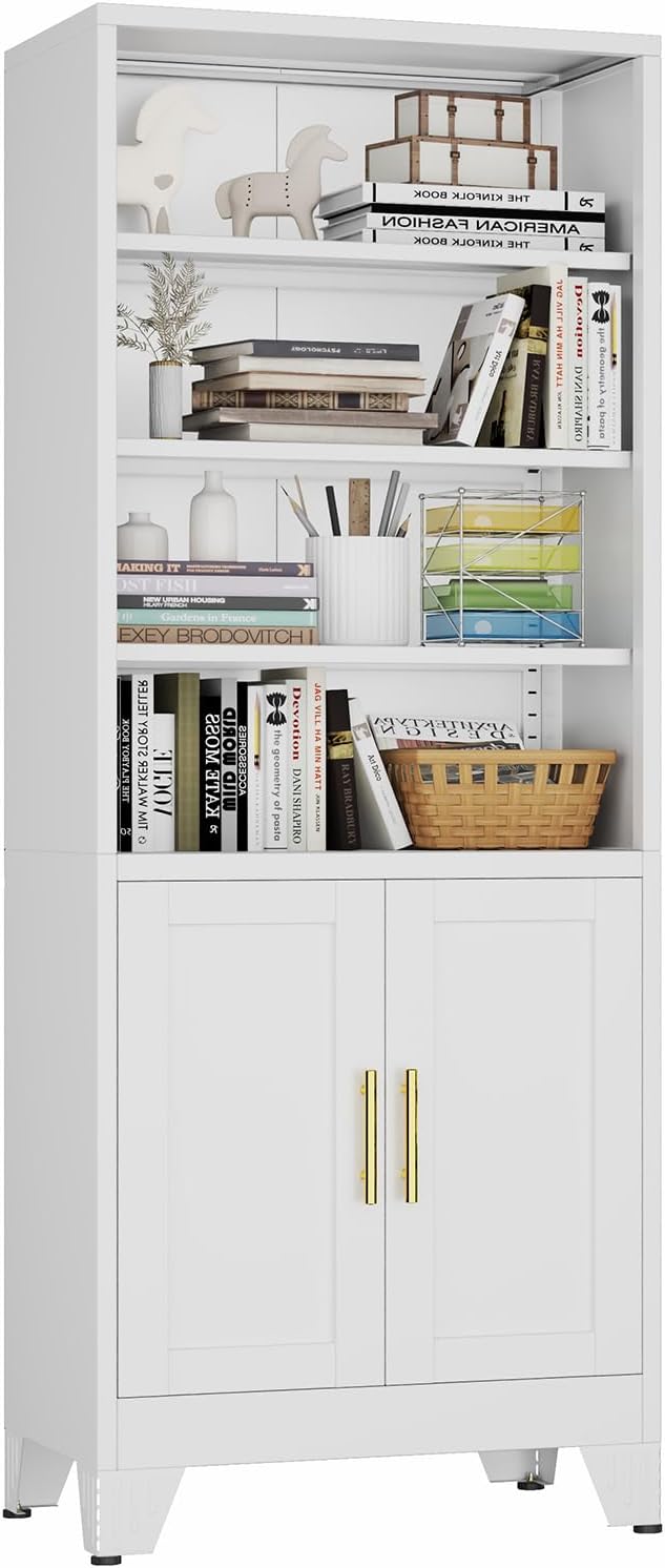 Metal Bookcase with Doors, White 71" Tall Bookcase with Storage, Floor I...