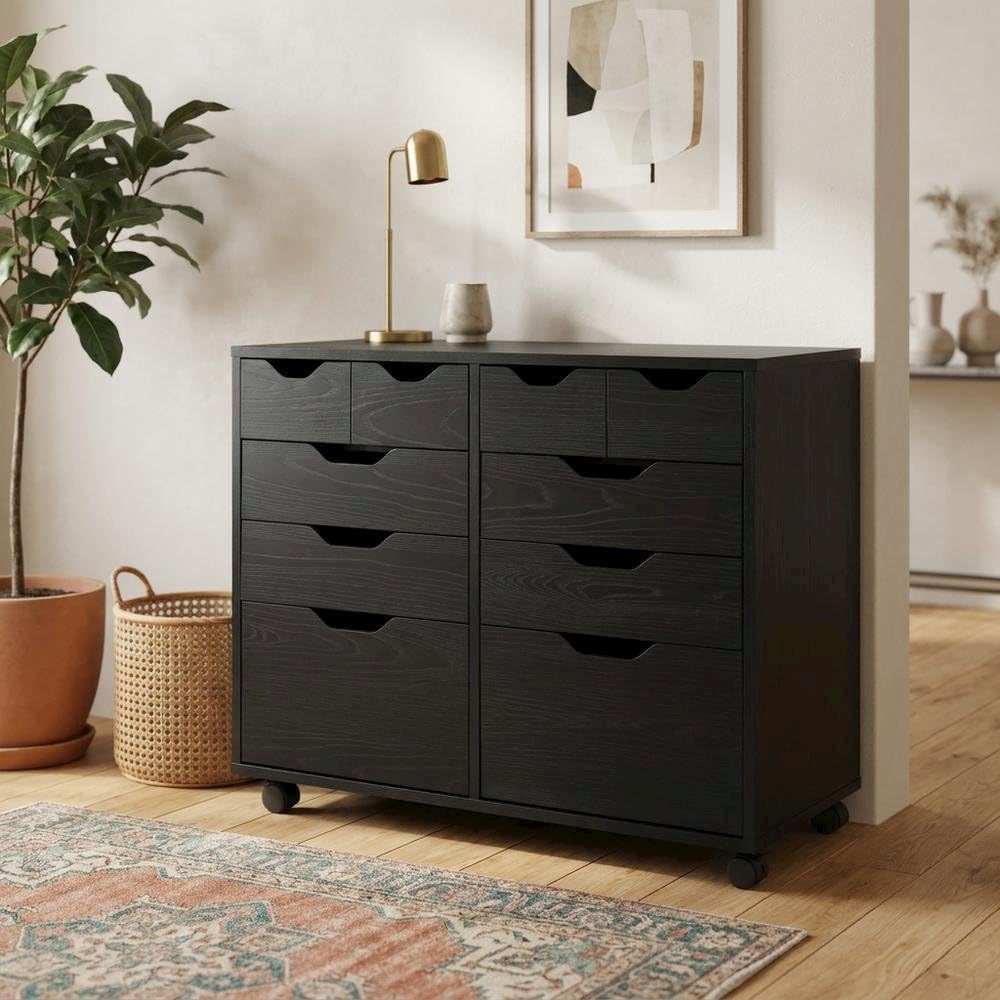 Furnifact Black Storage Cabinet, Composite Wood Pantry Organizer, Spacious 32...