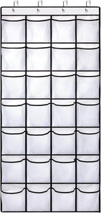 28 Large Pockets Over The Door Shoe Organizer, Hanging Shoe Organizer for Closet, Premium Clear Shoe Rack for Door, Shoes Hanger Organizers Storage Holder for Back of Door and 4 Metal Hook White