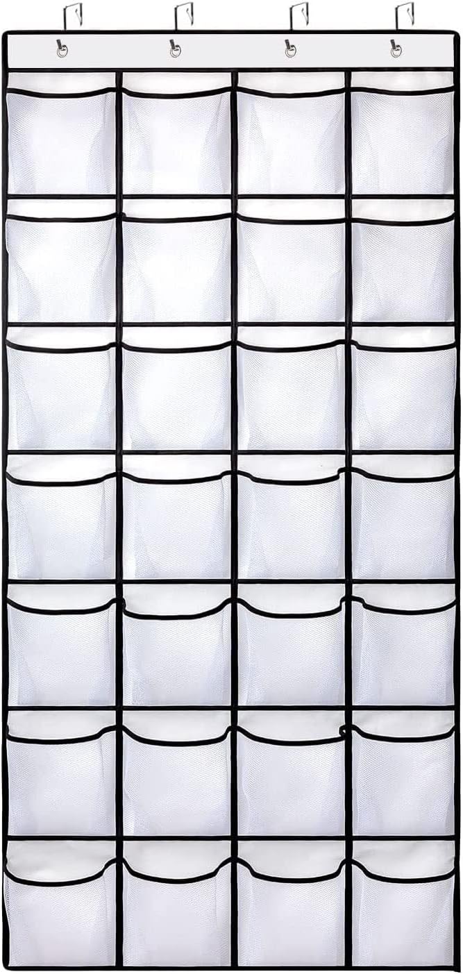 28 Large Pockets Over The Door Shoe Organizer, Hanging Shoe Organizer for Closet, Premium Clear Shoe Rack for Door, Shoes Hanger Organizers Storage Holder for Back of Door and 4 Metal Hook White