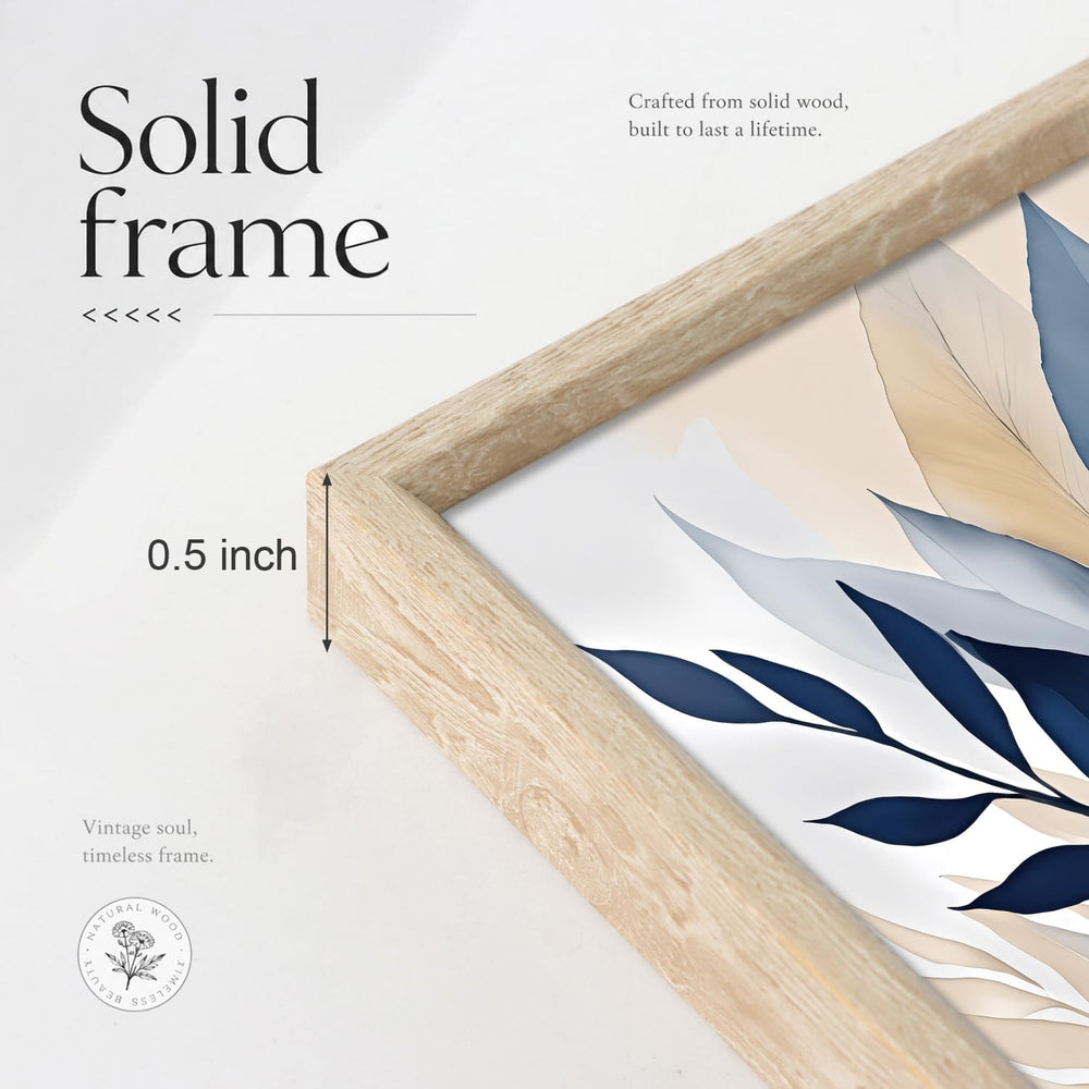 HOURIA Navy Blue Neutral Tan Leaf Framed Canvas Wall Art Set-16"x24"x3