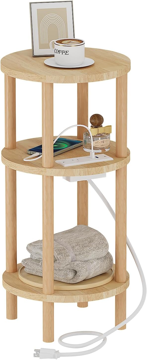 LUCKNOCK Small Round Side Table with Charging Station, 3-Tier Solid Wood End ...