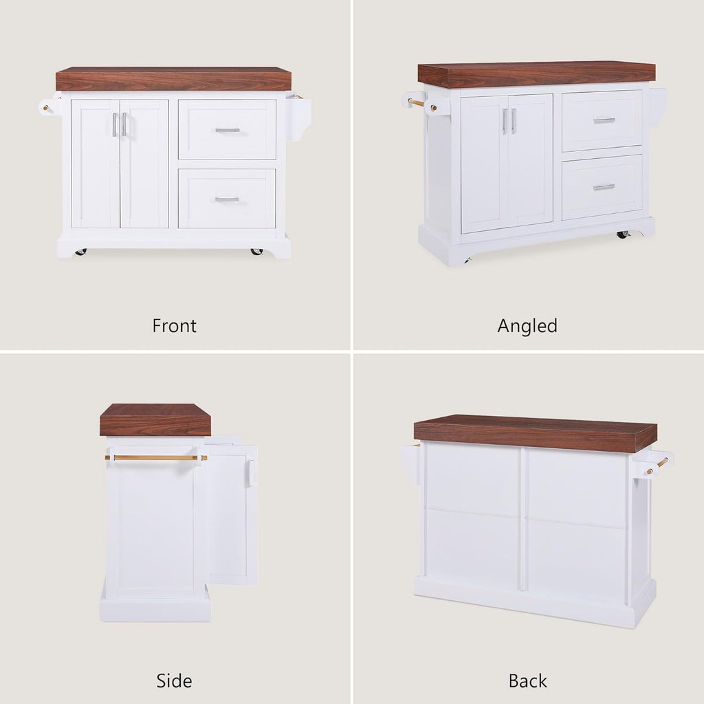 53" Large Kitchen Island with 3.5" Thick Desktop, Spice and Towel Racks, Rolling Kitchen Island with Storage on 5 Wheels, 2 Extra-Large Drawers, for Home, Kitchen, Dining Room, White