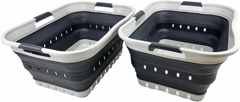 SAMMART 42L (11 gallon) Collapsible Plastic Laundry Basket - Foldable Pop Up Storage Container/Organizer - Portable Basket - Space Saving Hamper/Basket (Grey/Charcoal Black (Set of 2))