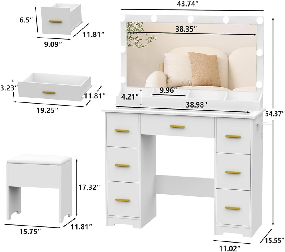 44" Vanity Desk with Chair and Glass Top, Vanity Table with 7 Drawers