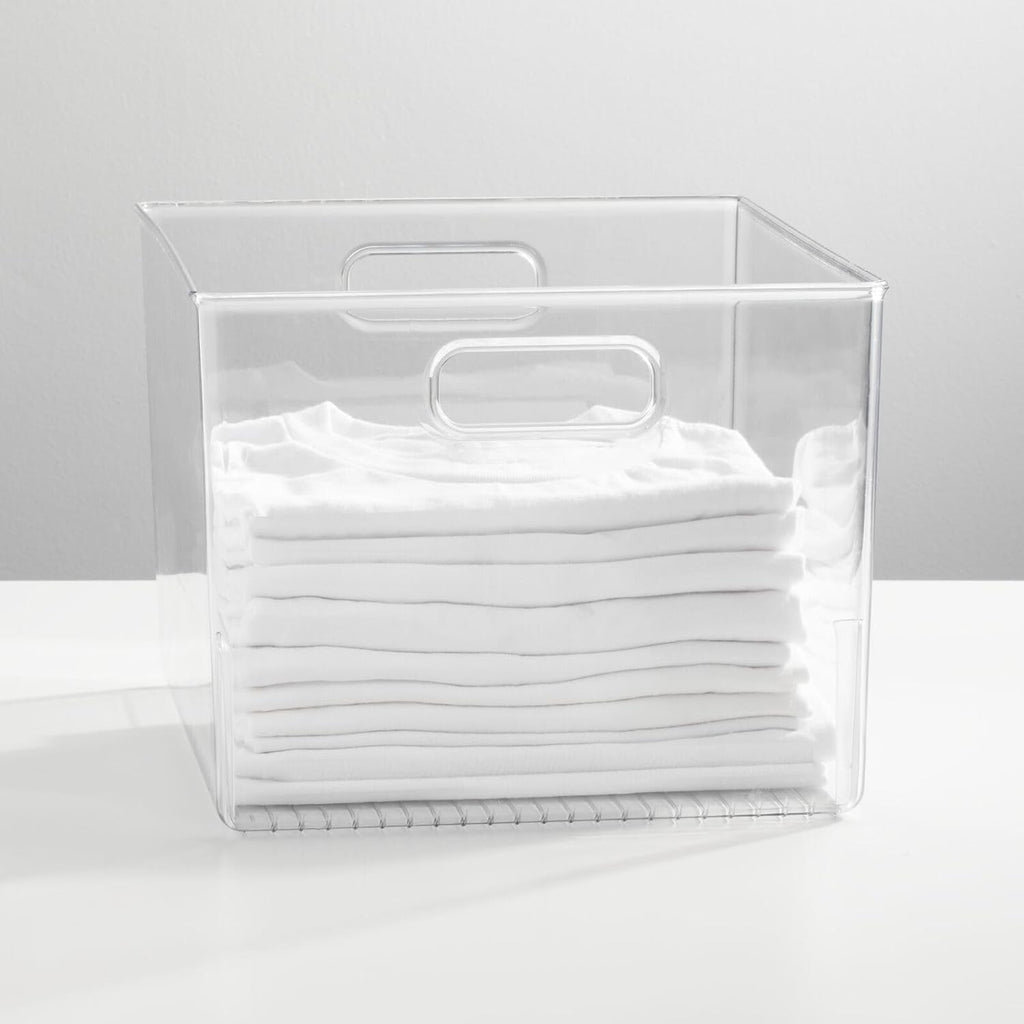 mDesign Plastic Storage Organizer Container Bin, Closet Organization for Hallway, Bedroom, Linen, Coat, and Entryway - Holds Clothing, Blankets, and Accessories, Ligne Collection, 4 Pack, Clear