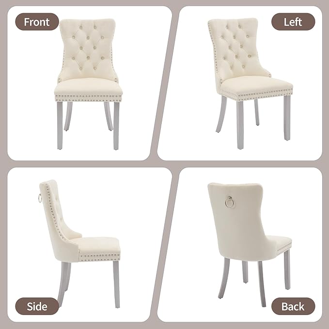 Velvet Dining Chairs Set of 6, High-end Tufted Upholstered Dining Chair with Back Ring Pull, Nailhead Trim and Silver Solid Wood Legs, Modern Dining Room Chairs for Dining Room, Cream