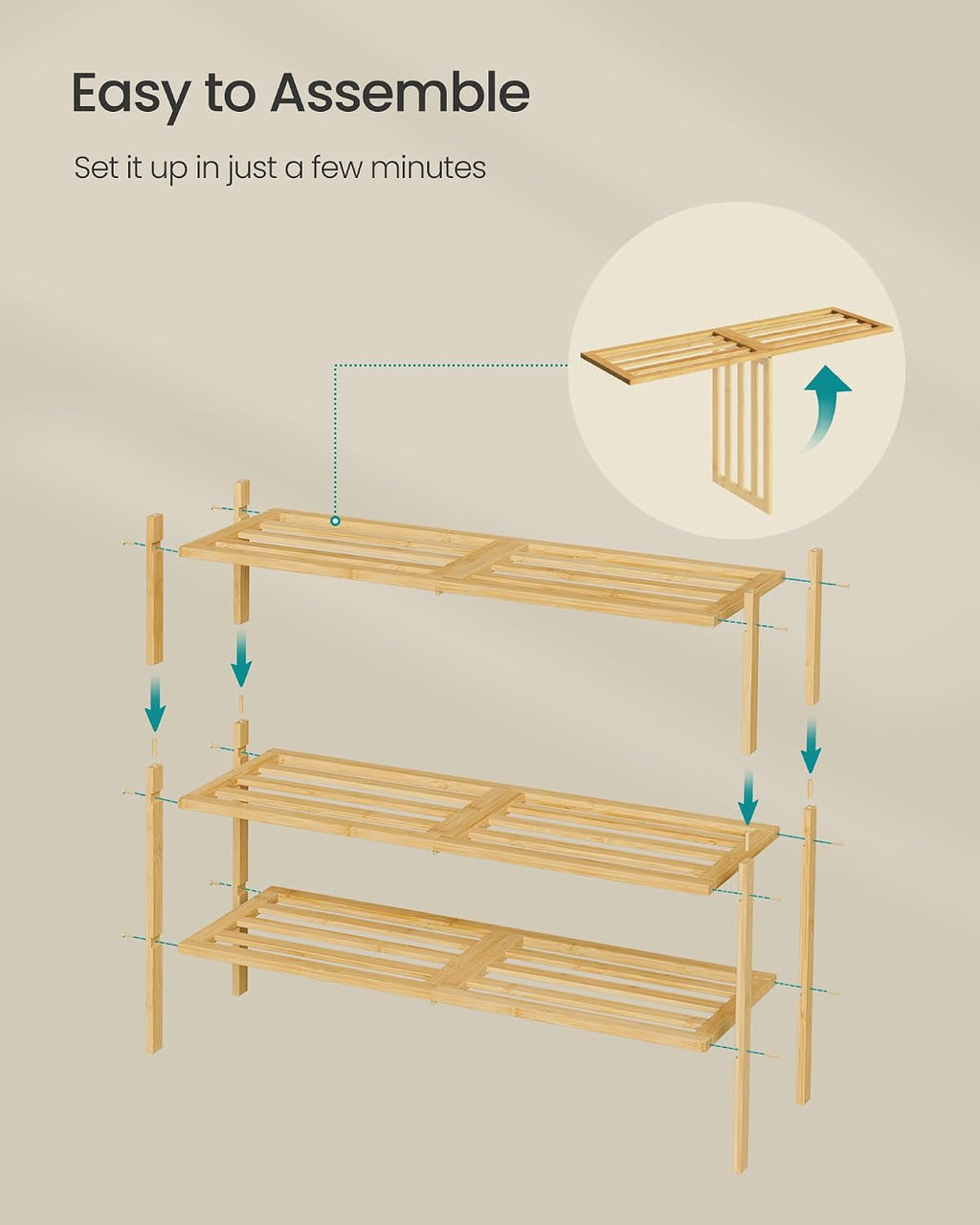 SONGMICS Bamboo Shoe Rack for Closet, Stackable Shoe Oragnizer with Modular Structure, Space-Saving Free Standing Shelf for Entryway Bedroom, 3-Tier, Holds 12-16 Pairs, Natural Color ULBS053YL01