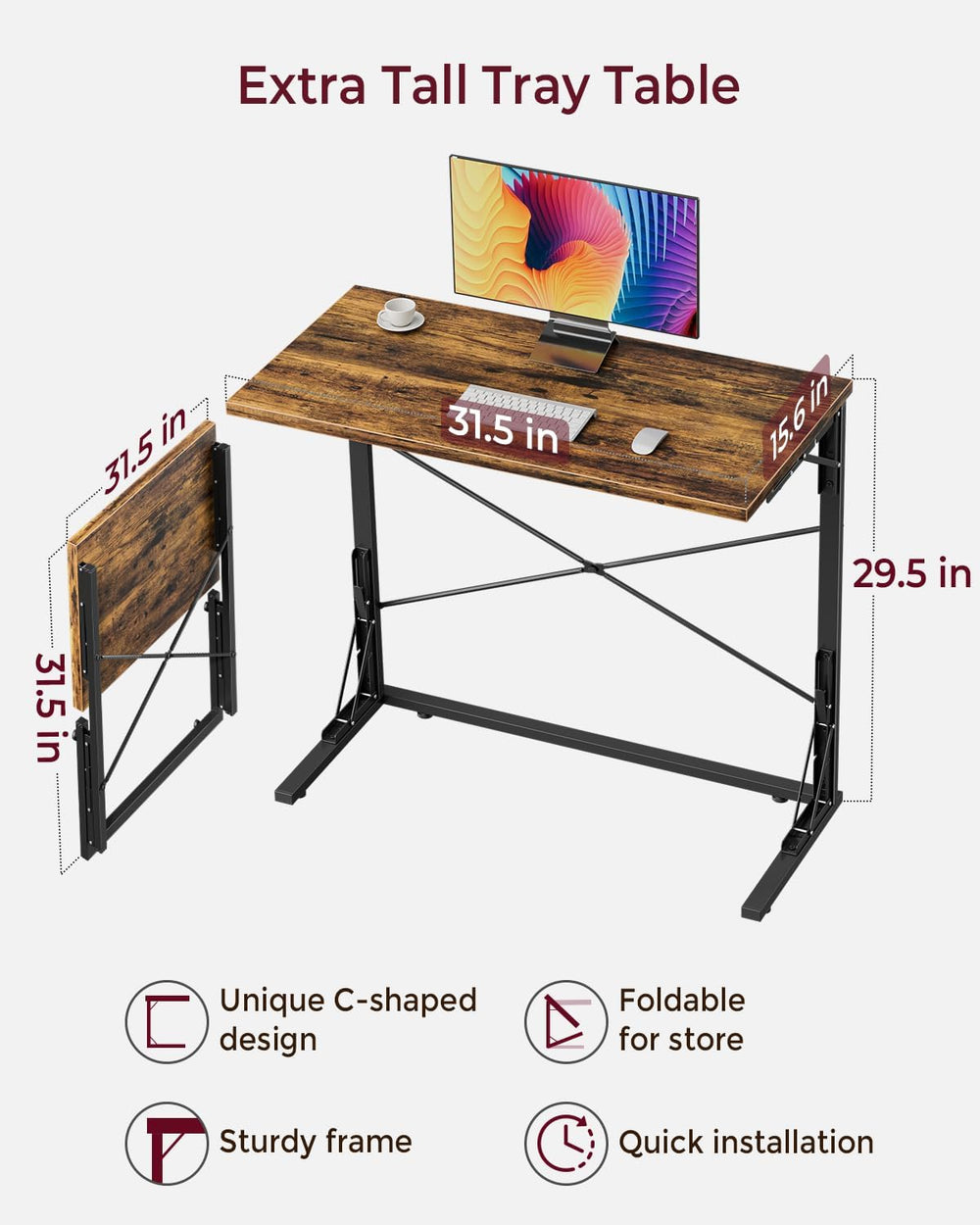 Vantic 31.5" Folding TV Tray Table for Eating on Couch, Rustic Brown | F...