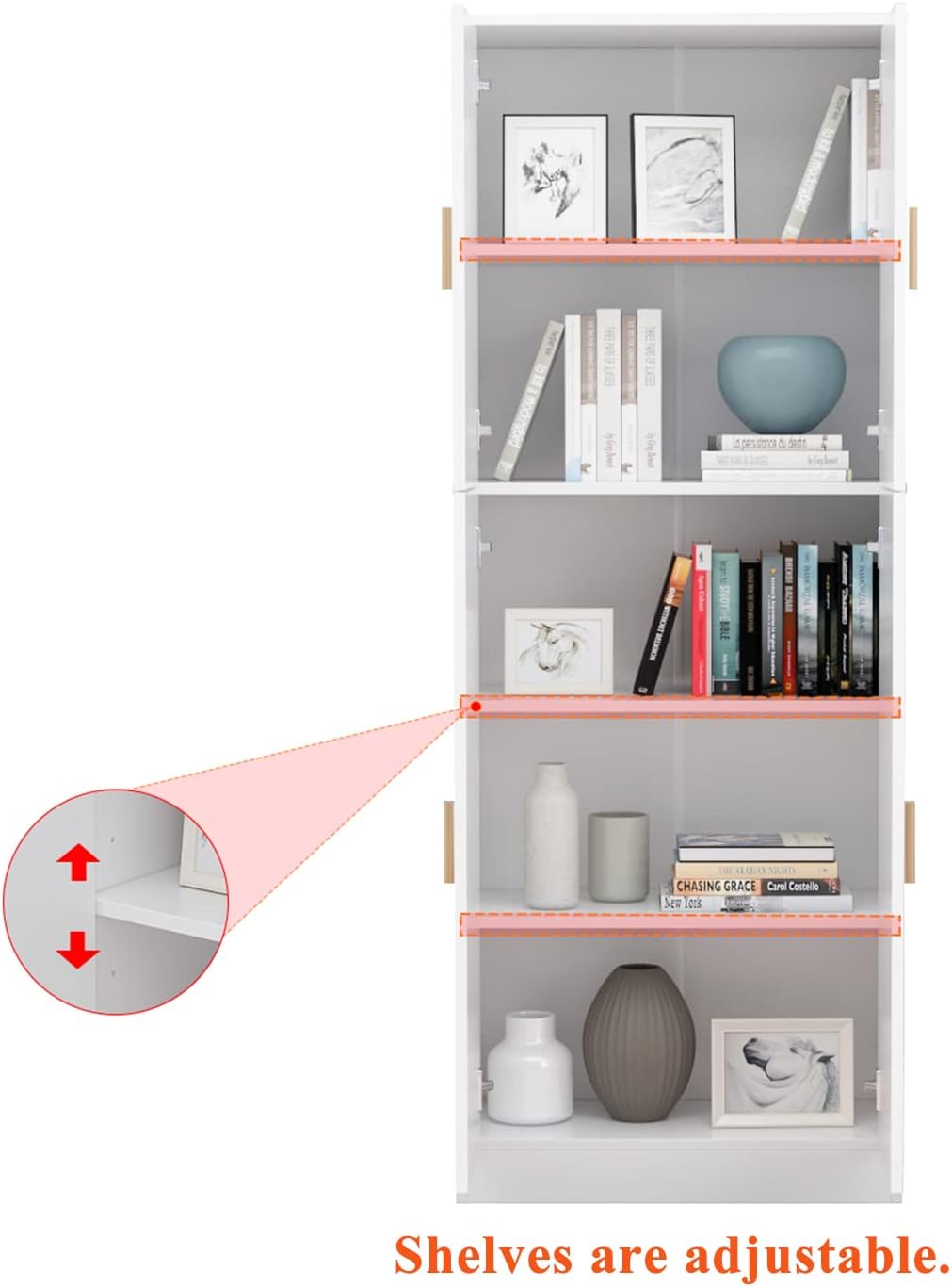 ECACAD Kitchen Pantry with 4 Doors & Adjustable Shelves, 5-Tier Wood Storage Cabinet, Freestanding Kitchen Cupboard Floor Cabinet for Living Room, White (23.3”W x 11.8”D x 61.2”H)