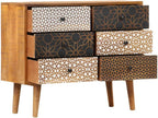 Mid-Century Modern Sideboard with Six Drawers, Solid Mango Wood and MDF Construction, Brown Lacquered Finish with Geometric Printed Patterns, Ample Storage for Dining