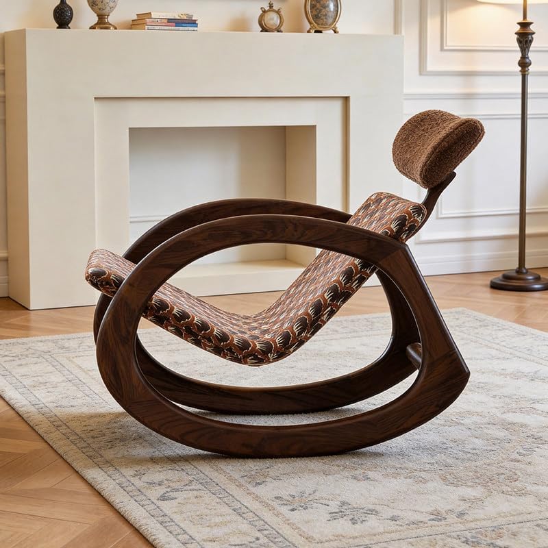 Brown Wood Rocking Chair with Upholstered Seat and Curved Arms