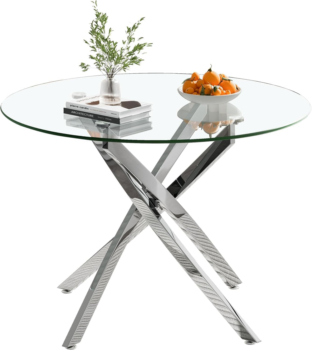Modern Dining Table for 4 People, 36" Round Dining Table with Silver Chr...