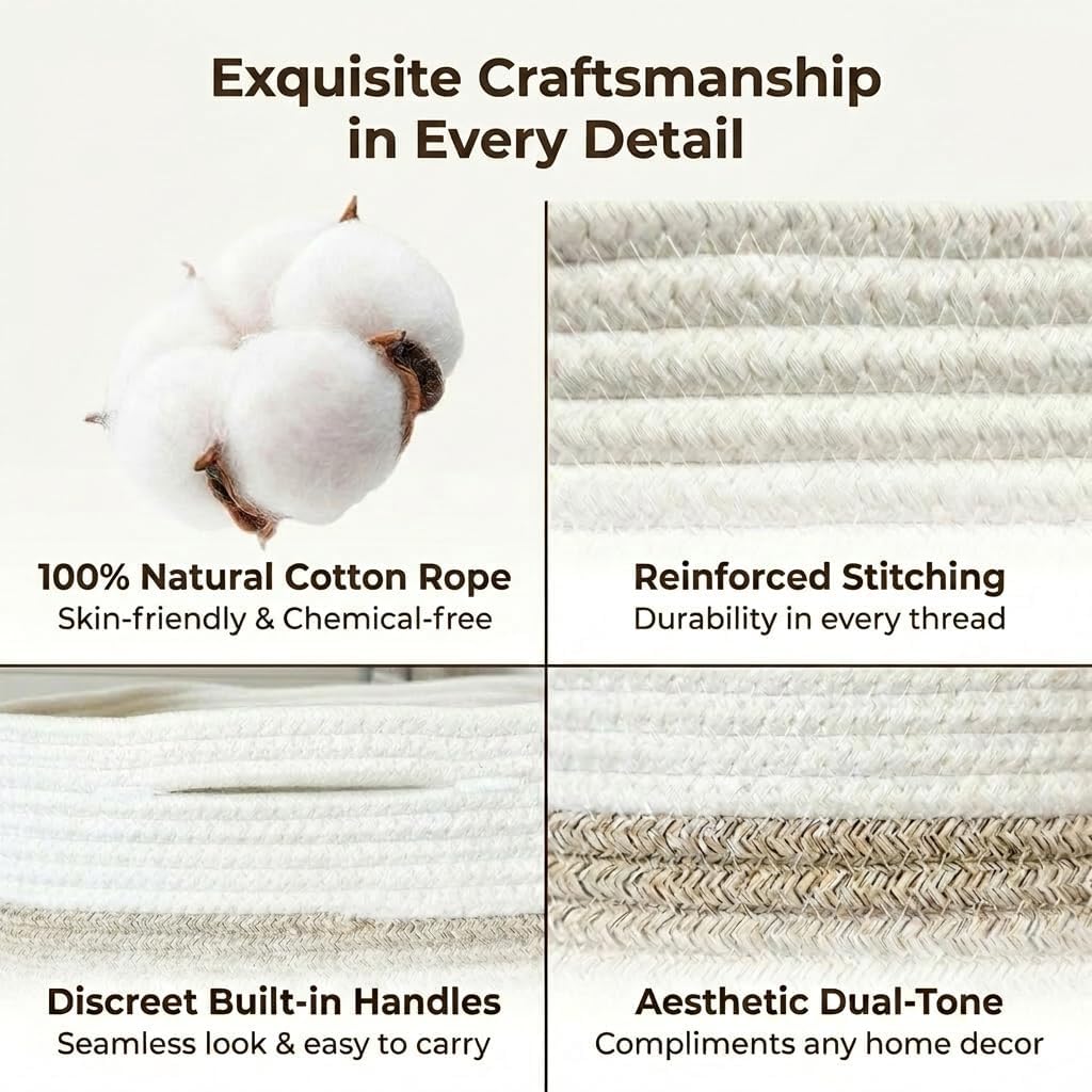 Large Storage Basket for Shelves 16.8”x13”x7.5”2 Pack | Large Baskets for Storage, Soft Cotton Rope Woven Baskets for Shelves, Closet, Laundry, Bathrooms, Blanket, Clothes, Closet