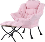 Welnow Lazy Chair with Ottoman, Modern Reading Lounge Accent Chair with Armrests and a Side Pocket, Leisure Upholstered Lazy Sofa Set with Footrest for Small Space