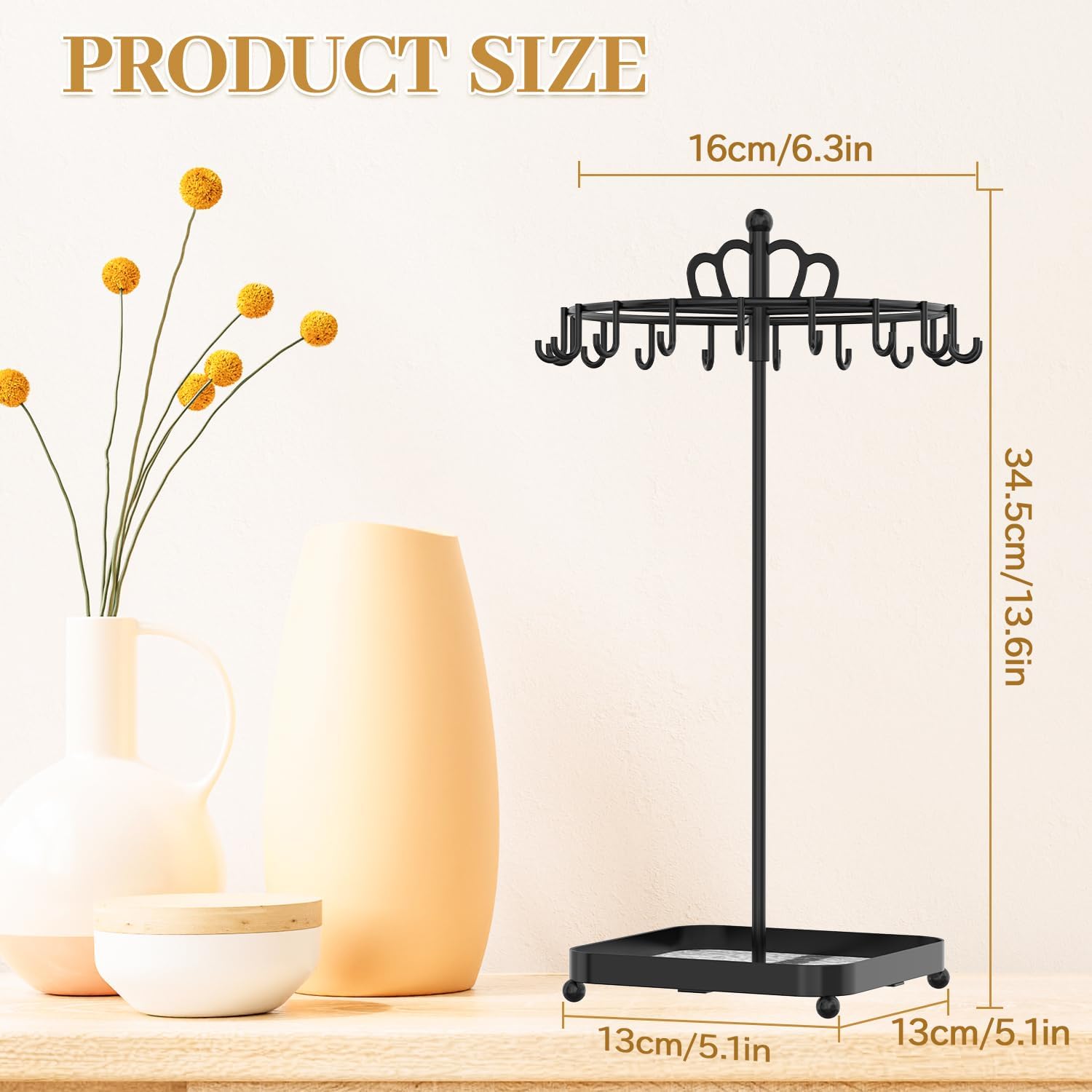 MODOWEY Rotating Metal Necklace Holder Organizer Stand with Acrylic Tray, 18 Hooks Small Jewelry Display Tree for Pendant Bracelet Storage, Compact Chain Hanger Rack for Women Men Space Saving, Black