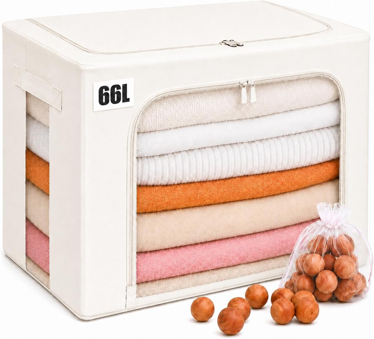 66L Large Cashmere Sweater Storage Bag with Steel Frame | Natural Red Cedar Protection | Foldable Closet Organizer with Oxford Fabric, Mesh Windows | Premium Garment Box for Wool, Winter Coat, Clothes