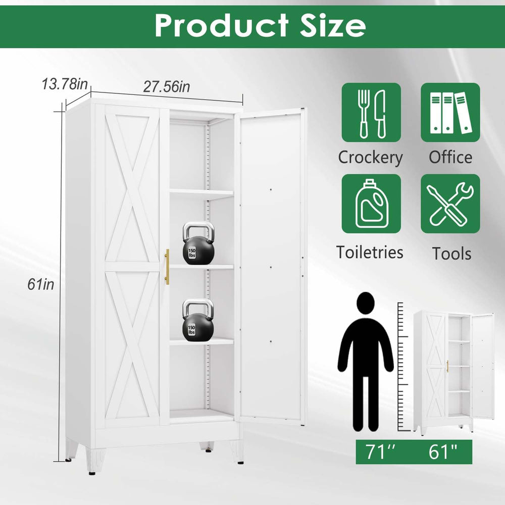 61" Kitchen Pantry Cabinet, Metal Storage Cabinet with 2 Doors and 3 Adj...