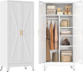 Metal Combination Cabinet, Tall Closet Storage Cabinet with 4 Shelves, Farmhouse Wardrobe Closet with Doors and Hanging Rod for Laundry Mudroom Office Bedroom