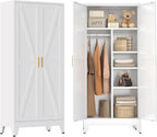 Metal Combination Cabinet, Tall Closet Storage Cabinet with 4 Shelves, Farmhouse Wardrobe Closet with Doors and Hanging Rod for Laundry Mudroom Office Bedroom