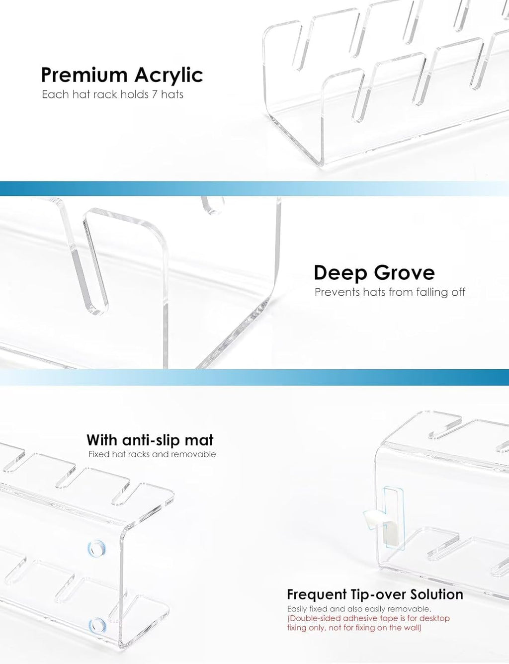 OAPRIRE Hat Stand for Baseball Caps, No-Install Acrylic Hat Organizer and Display for Closet/Desktop, Baseball Hat Storage Holds 14 Caps, Space Saver Hat Rack Hat Holder (2 Pack, Clear)