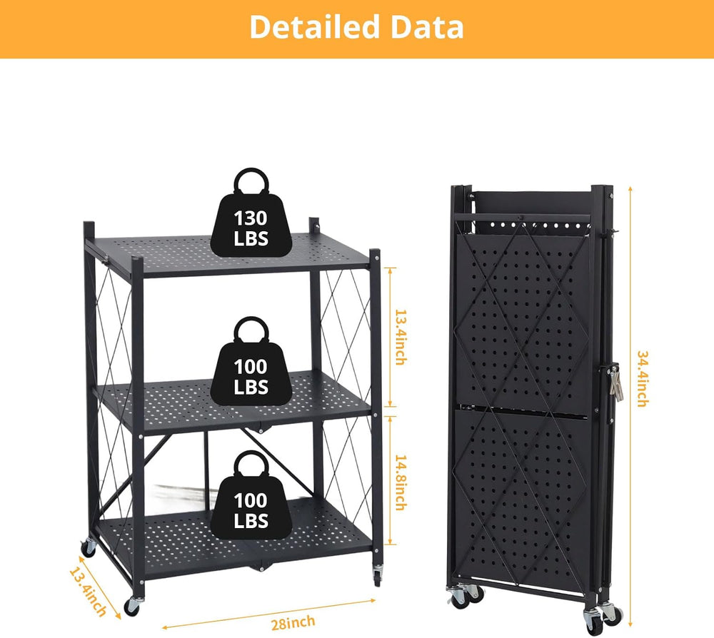 COKIHOM 3-Tier Folding Shelf, No Assembly Metal Shelving Unit with Wheels, He...