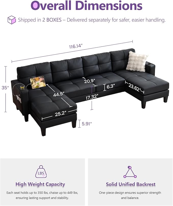 TYBOATLE 116’’ W Black Faux Leather Sectional Couch w/USB and Cup Holders for Living Room, Comfy Tufted U Shaped Sofa w/Chaise Lounge, Office Leather Sofa for Bedroom