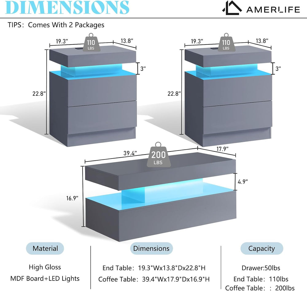 AMERLIFE 3-Piece High Gloss Coffee Table Set with LED Lights