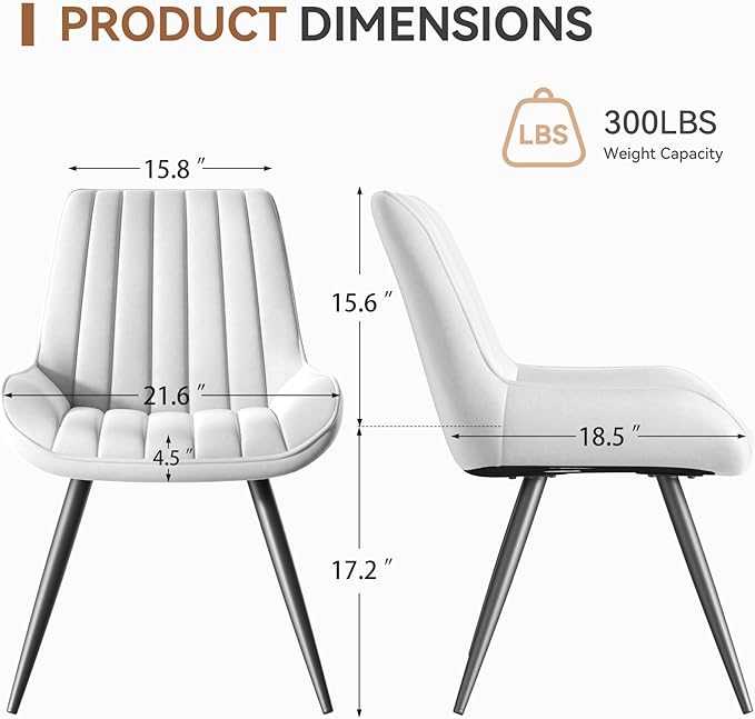 Modern Dining Chairs Set of 2,Upholstered Dining Room Chairs with Thick Cushions,Fabric Comfy Dining Chairs with Metal Legs for Dining Room White