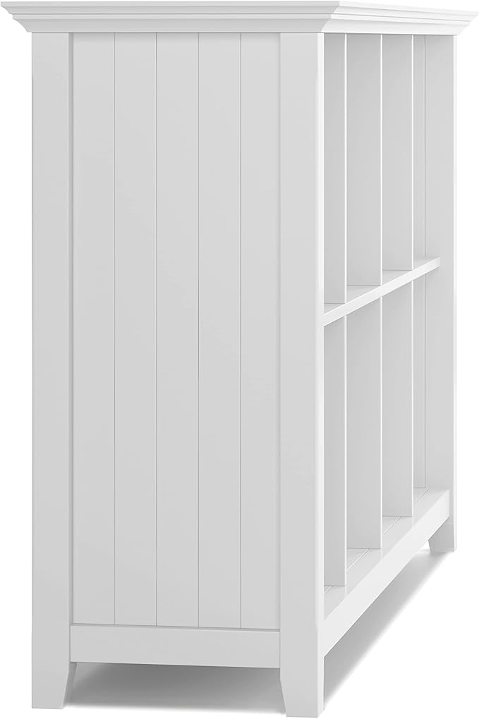 SIMPLIHOME Acadian Console Table - 57 Inch Wide Solid Wood 8-Cube Storage Sofa Table in White, Transitional Storage Unit for Living Room or Bedroom with Grooved Side Panels and Tapered Legs