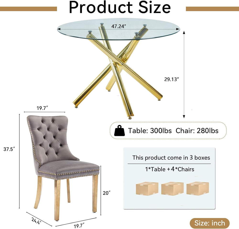 Round Glass Dining Table Set for 4, Small Kitchen Table Set for 4, 47" C...