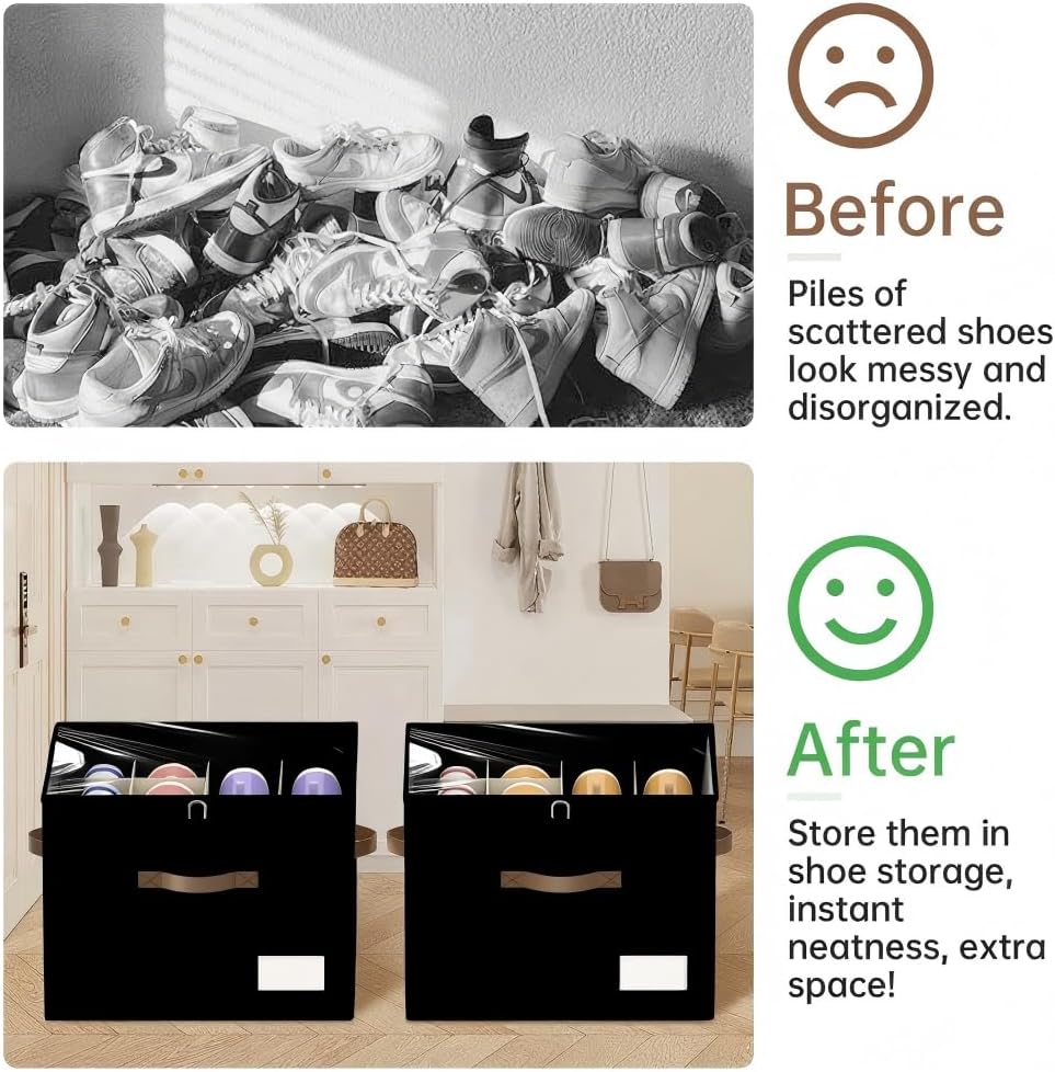 Shoe Organizer for Closet, Foldable Shoe Storage Containers, Fits up to 16 Pairs, Large Shoe Storage Organizer Box Cubby Baskets Bins with Clear Cover and Reinforced Handles, Black
