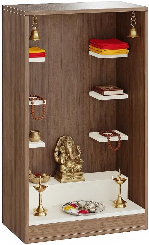 Wall Mounted Wooden Pooja Mandir for Home | Compact Temple Unit with Shelves for Idols & Frames | Engineered Wood | 85x50x28 cm (Exotic Teak & White)
