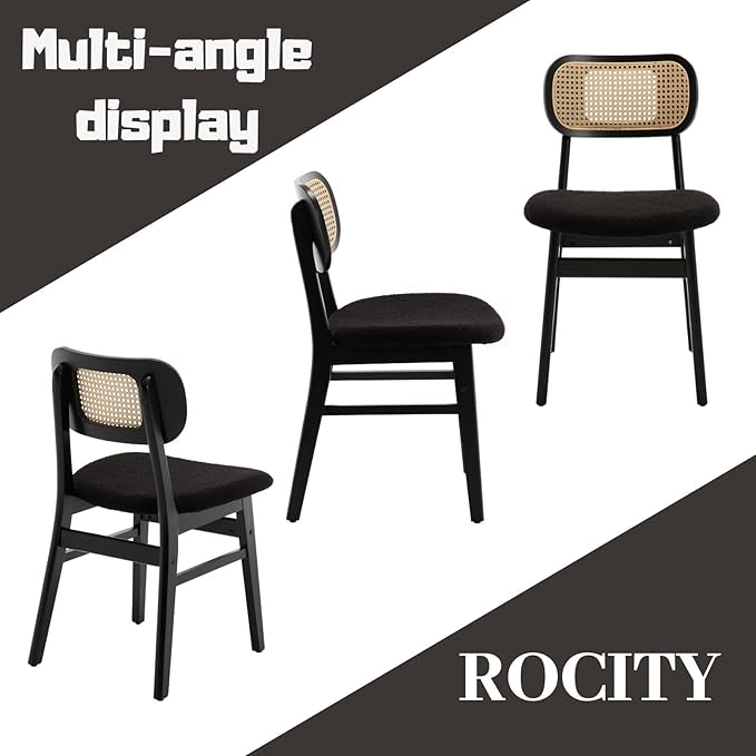Black Rattan Dining Chairs Set of 6 Lambswool Dining Room Chairs Natural Wooden Kitchen Chairs Farmhouse Boho Side Chairs
