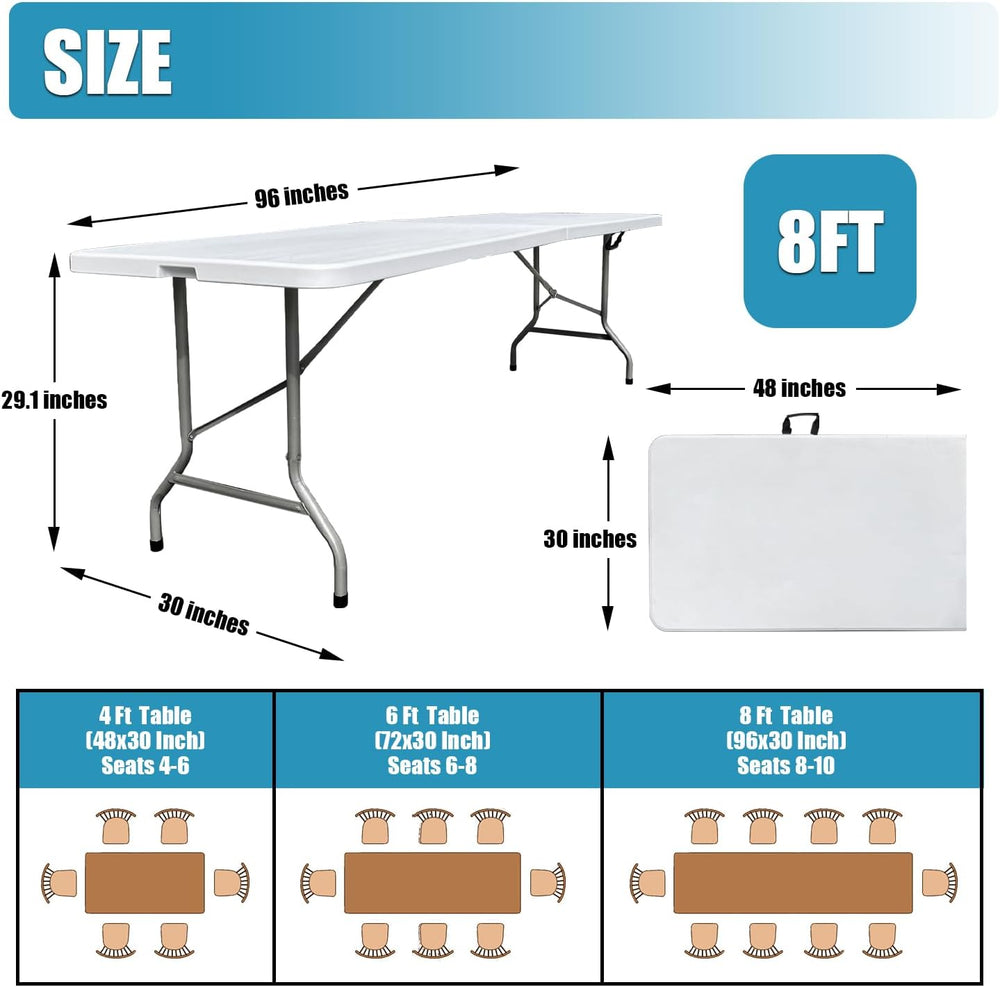 Folding Table 8ft, Heavy Duty Foldable Plastic 8 Foot Banquet Table | White H...