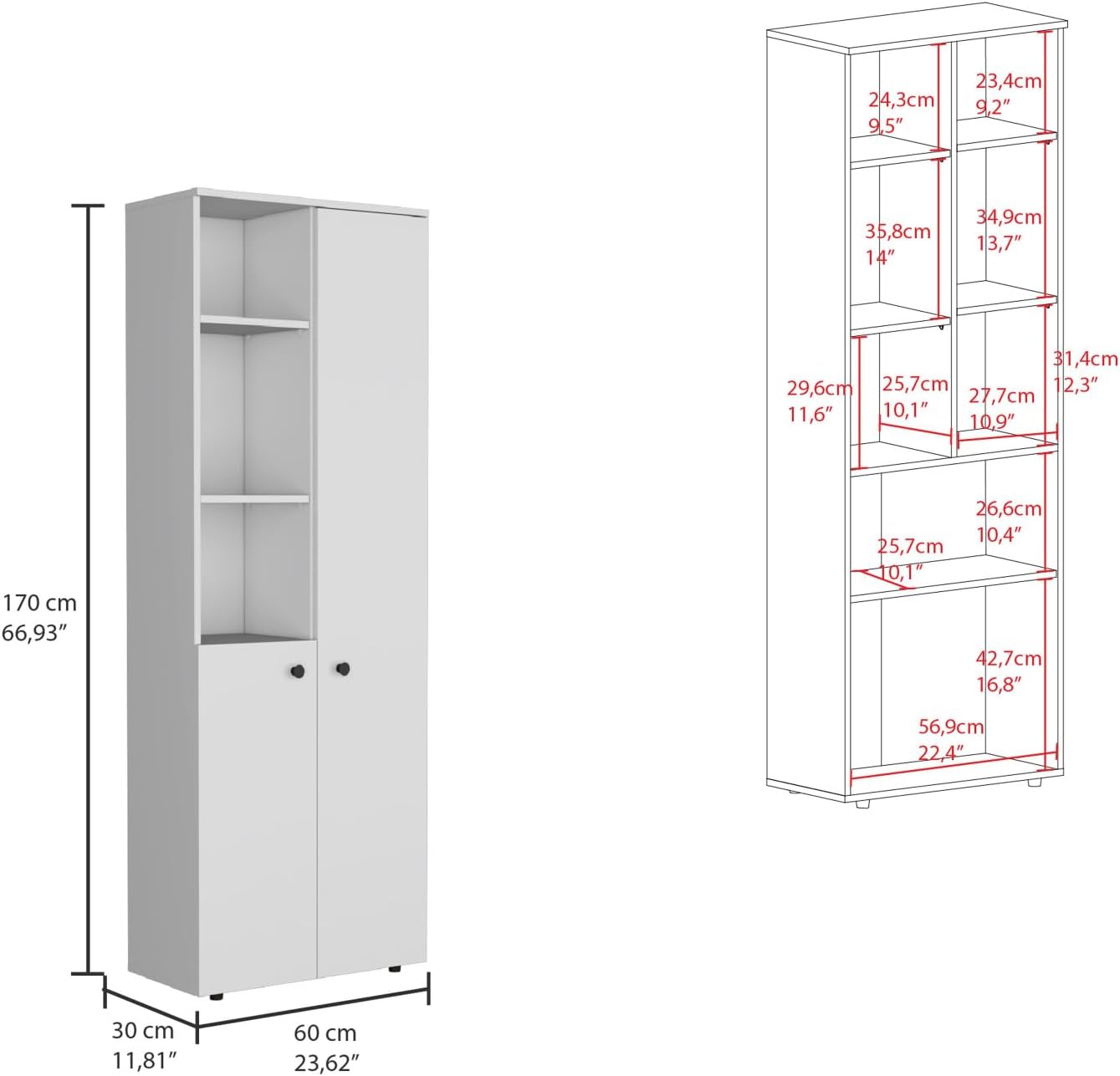 67-Inch Kitchen Pantry with Three Doors, Exterior Shelves & Ample Storage