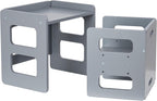 Fun Memories Montessori Weaning Table and Chair Set for Toddler and Baby, Kids Table and Chair Set- Solid Wood Toddler Furniture with Adjustable Height, Step Stool, for 1-3 Year Old Kids - Grey