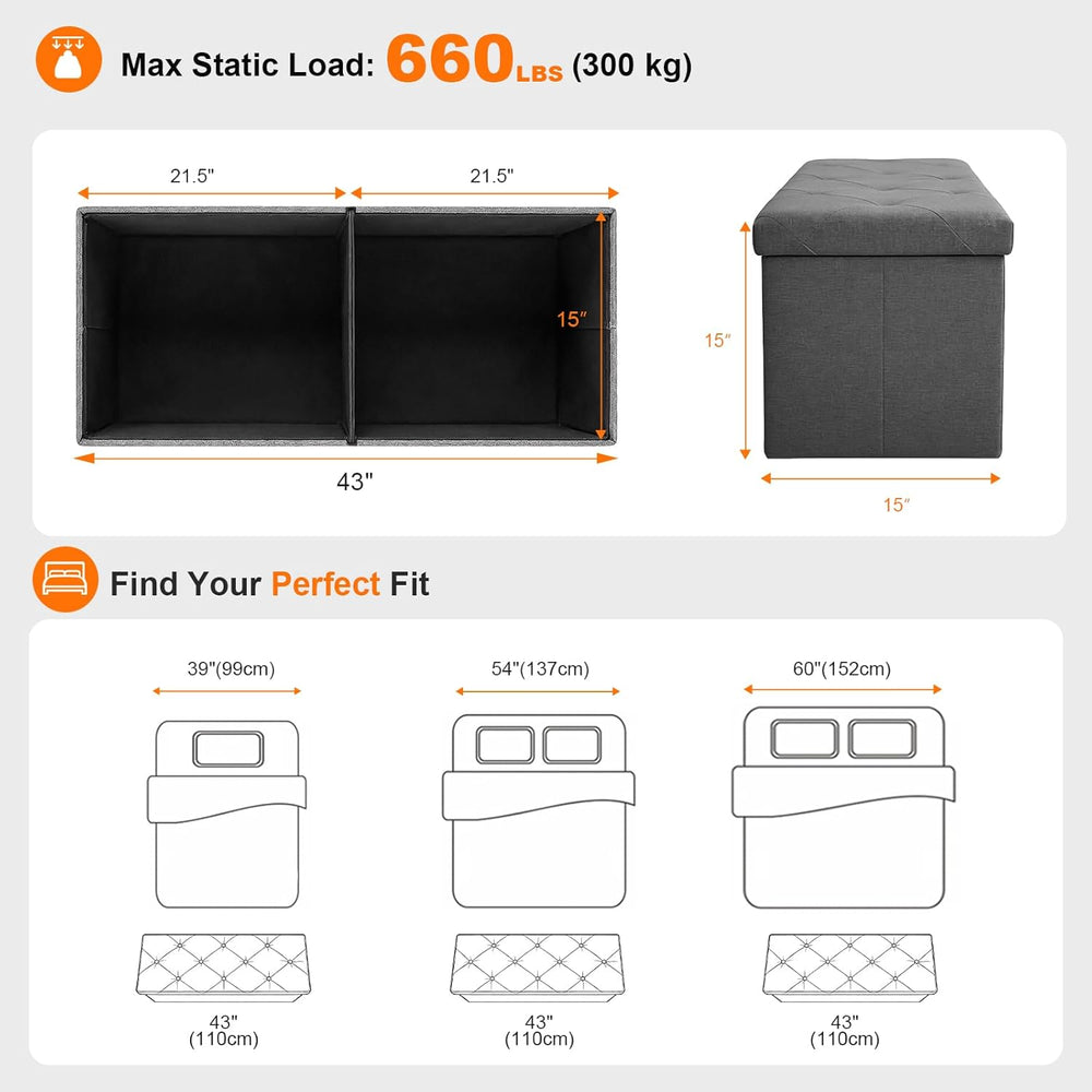 43 Inch Foldable Storage Ottoman Bench,with 35 Gallon Hidden Storage,Folding ...