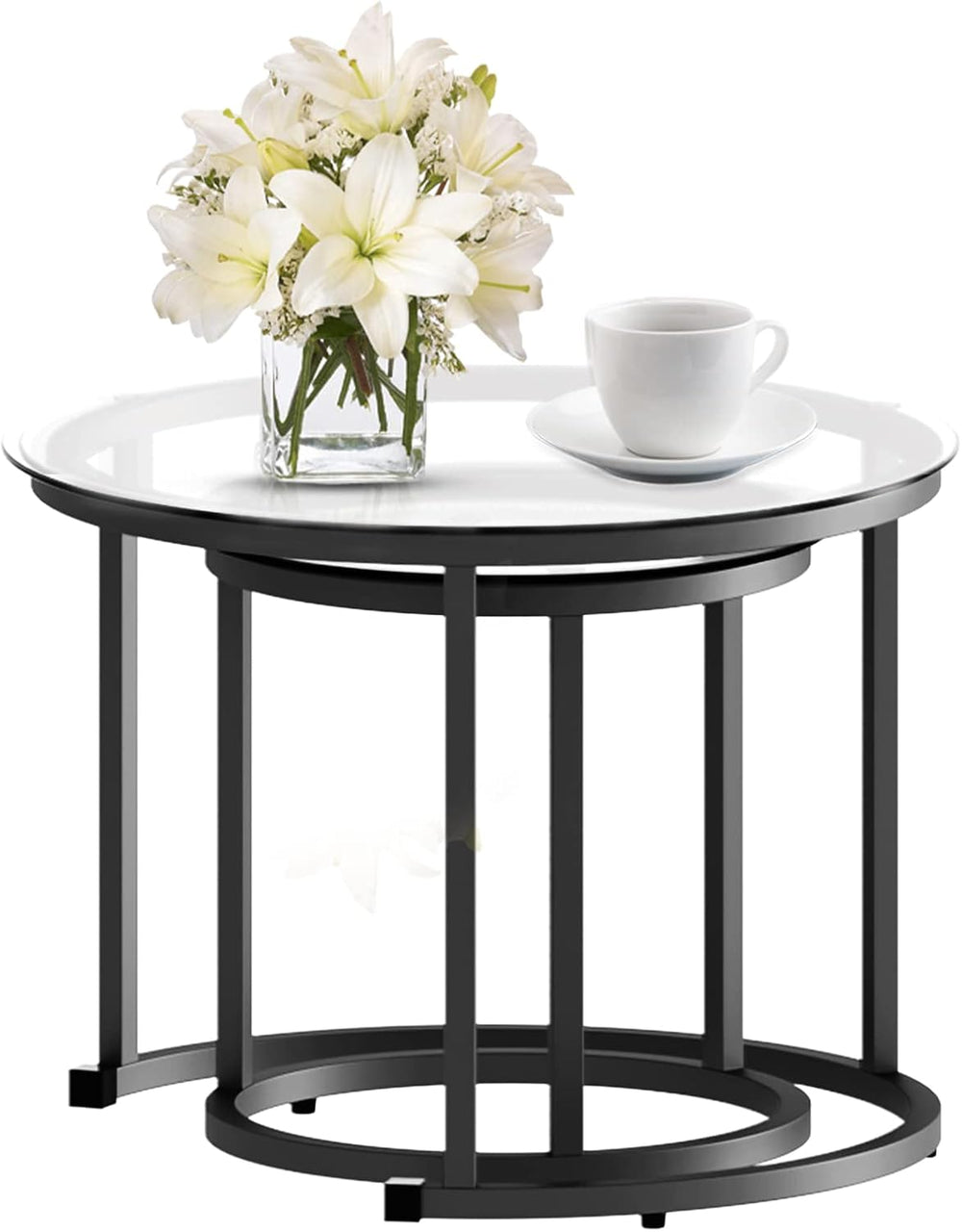 aboxoo Black Nesting Coffee Glass Table Set of 2, Metal Freme Side End Tables...