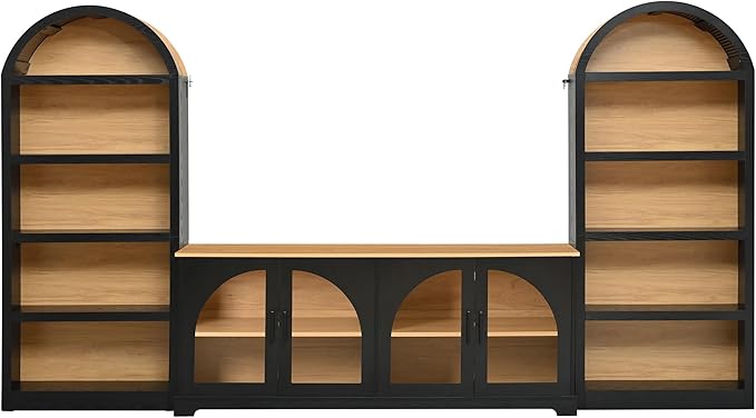 3-Piece Retro TV Stand Set with Bookshelf, Entertainment Center with Arched Design for TVs up to 70'', Farmhouse Media Console with Tempered Glass Doors for Living Room, Black