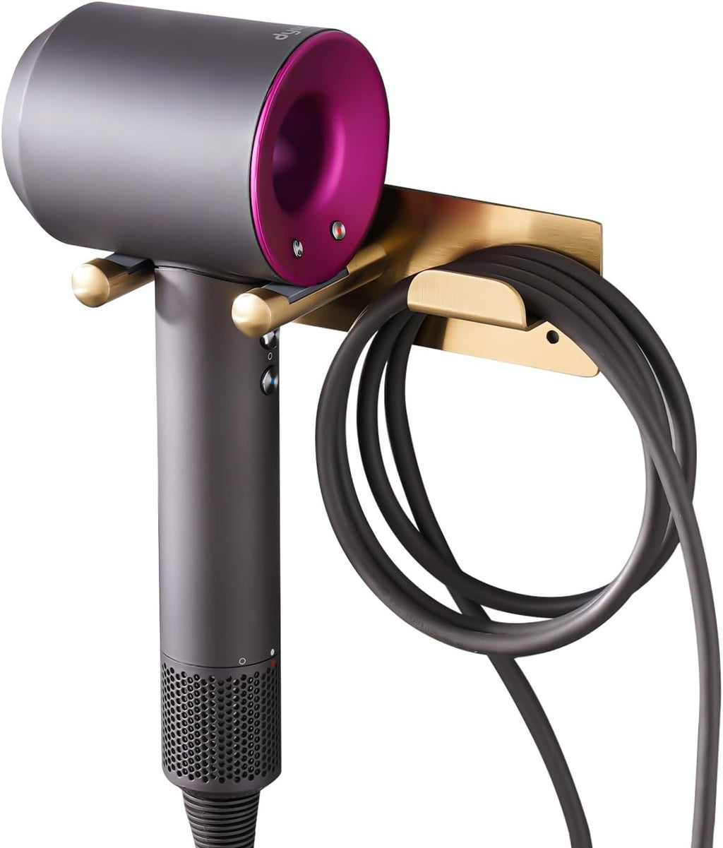 Hair Dryer Holder, Self Adhesive Blow Dryer Holder, Stainless Steel Hair Dryer Stand, Hair Dryer Holder Wall Mounted Compatible with Dyson Blow Dryer Gold