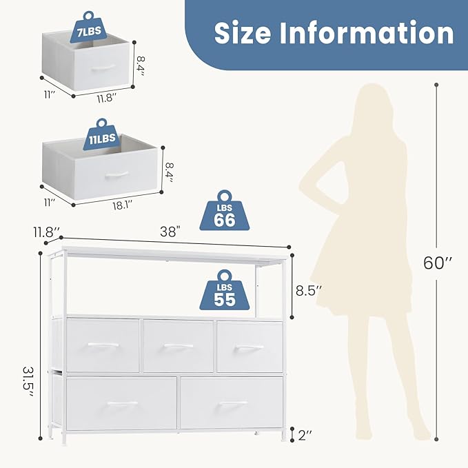 DUMOS TV Stand, Dresser with 5 Fabric Storage Drawers, Media Console Featuring Open Shelf for TV, Compact Entertainment Unit for Bedroom, Living Space, or Dorm Organization, White