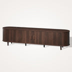 70" Mid Century Modern TV Stand, Wood TV Consoles with Sliding Doors and Power Outlet, Entertainment Center with Adjustable Shelves, Fluted TV Stands for Living Room, Walnut