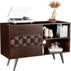 Bme Georgina 45 Inch Solid Wood TV Stand, Under 10 Minutes Assembly Entertainment Center with Storage, Geometric Pattern TV Console for Living Room, Bedroom, Dinning Room - Walnut