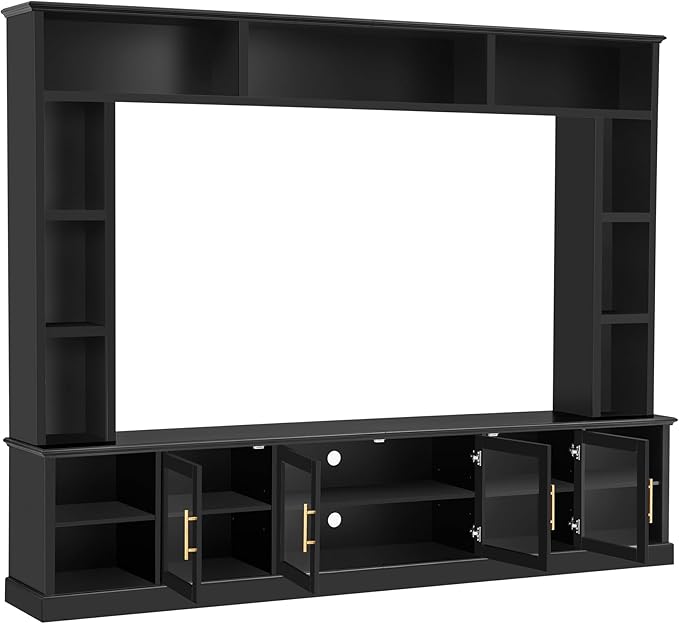 Merax 95" Entertainment Center for TVs up to 80", All-in-One TV Stand with Bookshelves & Storage Cabinets & Tempered Glass Doors & Adjustable Shelves, Modern Living Room Wall Unit Media Console, Black