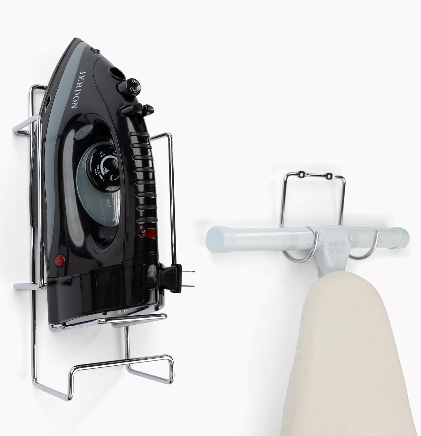 JERDON Ironing Board Holder and Iron Caddy - Stainless Steel Iron Holder with Hook - J525C