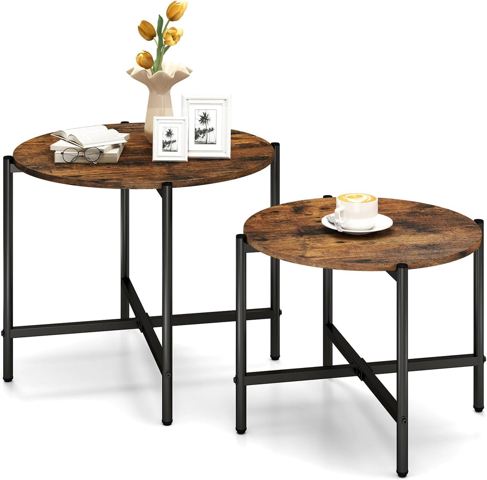 GOFLAME Nesting Coffee Table Set of 2, Round Coffee Tables with Wood Tabletop...
