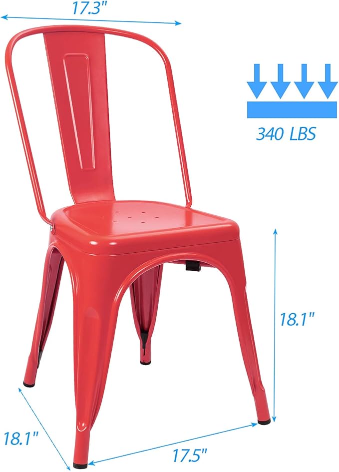 Devoko Metal Indoor-Outdoor Chairs Distressed Style Kitchen Dining Chairs Stackable Side Chair with Back Set of 4 (Red)