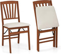 COSTWAY Folding Dining Chairs Set of 2, Upholstered Wooden Dining Room Chairs with Fabric Padded Seat, Solid Wood Frame and 400LBS Capacity for Kitchen Apartment (Beige & Brown)